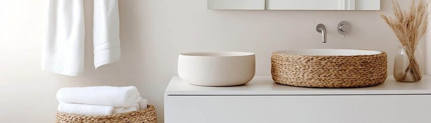 White bathroom with natural textures, soft lighting, and organic decor