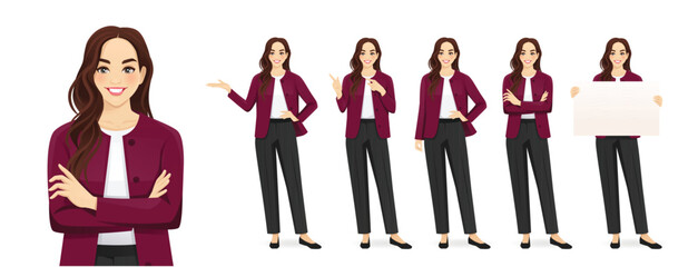 Beautiful business young woman wearing formal outfit in different poses set. Various gestures pointing, showing, standing, holding empty blank board. Isolated vector illustration