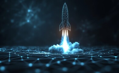 Wall Mural - a conceptual rocket launch. a virtual spaceship ascends into space. the idea of business development