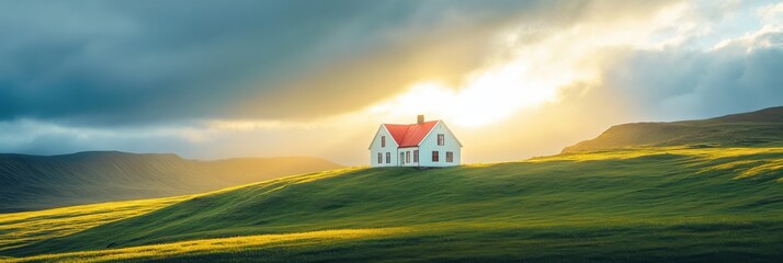 White house with red roof stands alone in a golden field under dramatic sky at sunset