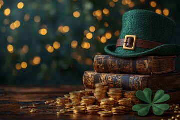 Poster - Saint Patrick's Day. A pot overflowing with gold, a green hat, and shamrocks