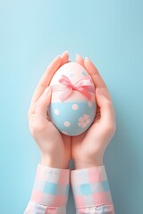 Wall Mural - easter egg in hands with traditional ornament isolated on pastel blue background, warm atmosphere of holiday, happy spring concept, top view, copy space