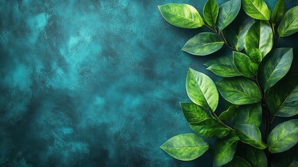 Wall Mural - Close-up of Vibrant Green Leaves on a Textured Dark Teal Background Capturing Natural Beauty and Rich Colors in a Simple Yet Elegant Composition