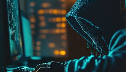 A cyber criminal hacks into the internet. Medium shot. Identity breach concept