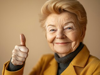 Wall Mural - A cheerful senior woman giving a thumbs up with a warm smile against a neutral background.