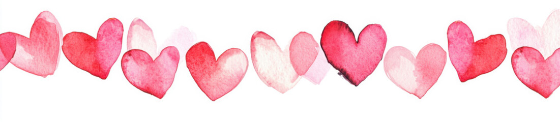 Wall Mural - Seamless watercolor header with pink and red hearts on white background. Valentine's day border.
