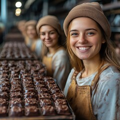 Wall Mural - Group of tourists in protective gear touring a chocolate factory.