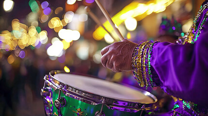 Poster - Close-up of Drummer's Hands Striking a Snare Drum at Mardi Gras Parade. Concept of festive celebration, cultural traditions