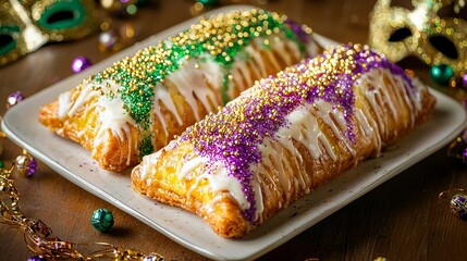 Wall Mural - Close-Up of Traditional Mardi Gras King Cake with Colorful Icing and Beads. Concept of Festive Celebrations, Cultural Traditions