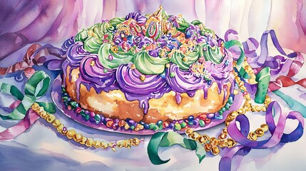 Wall Mural - Festive Mardi Gras King Cake with Colorful Decorations and Beads Art. Concept of celebration, watercolor creativity