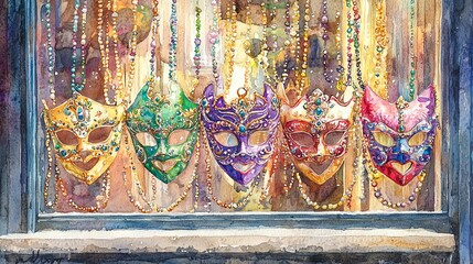 Wall Mural - Vibrant Mardi Gras Masks Displayed in a Shop Window Watercolor Art. Concept of Festive Celebration, Cultural Heritage