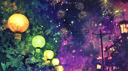 Poster - Watercolor Illustration of Vibrant Night with Lanterns and Fireworks, Concept of Celebration and Festivity. Copy space