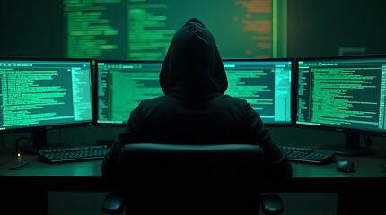 A mysterious hacker wearing a black hoodie, sitting in a dark room illuminated by multiple glowing monitors filled with green code and digital grids. The atmosphere is intense and cyberpunk-inspired.