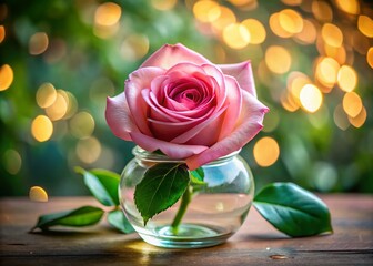 Wall Mural - Delicate Pink Rose in Glass Vase - Panoramic Soft Bloom Photography