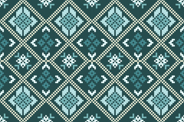 Wall Mural - Cross Stitch pattern with Floral Designs. Traditional cross stitch needlework. Geometric Ethnic pattern, Embroidery, Textile ornamentation, fabric, Hand stitched pattern, Cultural stitching pixel art.