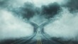 © Poter - Mysterious figure stands at a fork in a foggy, desolate road surrounded by dark clouds. Generative AI