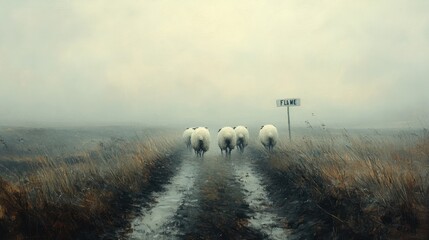 Wall Mural - Sheep Walking on Road Following Sign Follow Me Spiritual Journey Flock Shepherd Jesus Christ Repent Believe Gospel