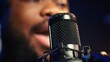 © DC Studio - Artist records his voice on microphone in home studio singing a song composed by him. Skilled musician using recordings and lyrics to edit in post production, mixing and mastering session. Camera B.