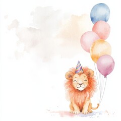 Wall Mural - A cheerful lion wearing a party hat holds colorful balloons, creating a whimsical and festive atmosphere, perfect for celebrations.