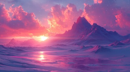 Wall Mural - Pink sunset over snowy peaks.