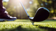 © Tonya - Close-up of a golf club and ball on a green golf course with sunlight and blurred background. Golfer preparing to swing. Generative by AI
