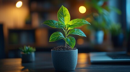 Wall Mural - Potted green plant on table.