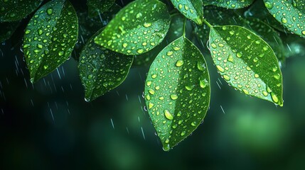 Wall Mural - Raindrops on lush green leaves.