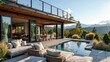 © AiPhotoSale - Warm sunlight dances across a serene patio, where a sparkling rectangle-shaped pool beckons, its gentle ripples shimmering on its glassy surface amidst sleek gray stone tiles