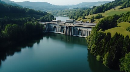 Wall Mural - Aerial View of a Dam and Reservoir in a Lush Green Valley