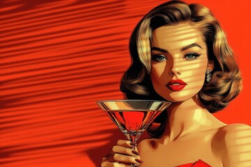 A seductive devil woman in vintage style holding a cocktail glass for Halloween celebration party