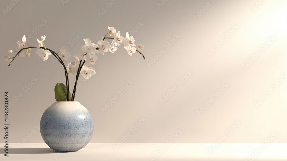 A minimalist display of orchids in a blue and white vase, placed on a plain white background.