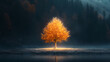 © Thiago - A solitary glowing tree stands vibrant amidst a dark, misty forest, symbolizing hope and resilience in nature. Frostglint. Illustration