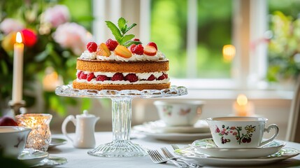 Delicious Raspberry Cream Cake on Glass Stand Festive Tea Party Setting