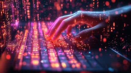 Futuristic hand of software engineer typing on laptop surrounded by digital codes and neon lights