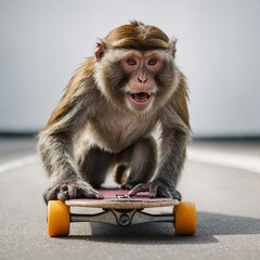 Wall Mural - A monkey on a skateboard, rolling across a white background.