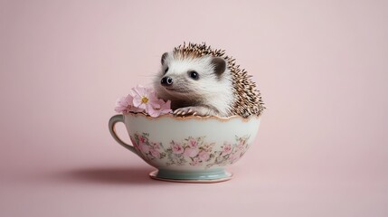 Canvas Print - A cheerful hedgehog sitting in a small teacup, with pastel colors and room for copy around.