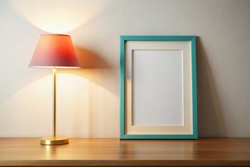 Wall Mural - Empty Art Frame Mockup: White Wall, Table Lamp, Minimalist Home Decor