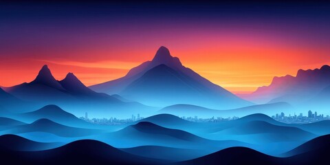 Canvas Print - Stunning Vibrant Sunset Over Abstract Mountain Landscape with Blue Foggy Hills and Dramatic Sky - Perfect Nature Background for Tranquil and Creative Design