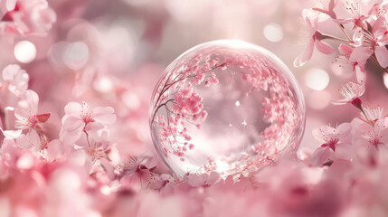 Wall Mural - a globe surrounded by blossoming cherry blossoms and delicate pink petals, pastel tones dominating t