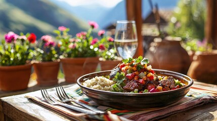 Wall Mural - Delicious Steak Rice Bowl Sunny Outdoor Meal  Mountain View