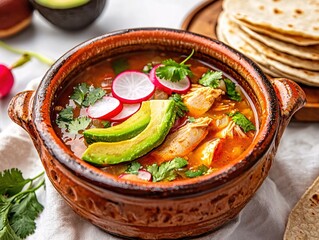 Wall Mural - Delicious Chicken Soup with Avocado Radishes and Tortillas