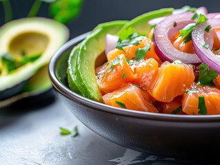 Wall Mural - Delicious Salmon Avocado Salad Fresh Herbs Red Onion Bowl