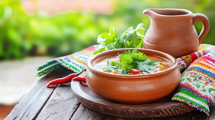 Wall Mural - Rustic Clay Bowl of Hearty Vegetable Soup Outdoors