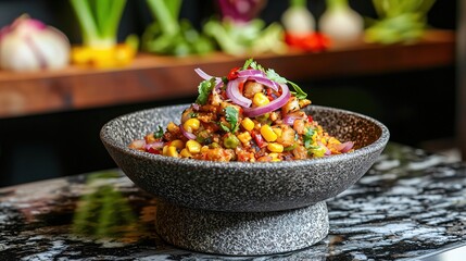 Wall Mural - Delicious Spicy Corn and Vegetable Salad in a Stone Bowl