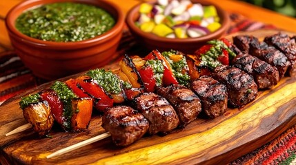 Wall Mural - Grilled Beef Skewers with Peppers Onions and Herb Sauce Delicious Summer BBQ Feast