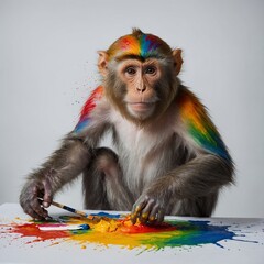 Wall Mural - A monkey painting on a canvas with colorful paints, surrounded by a white background.