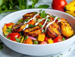 Wall Mural - Grilled Plantain Salad with Roasted Vegetables and Creamy Dressing A Vibrant Summer Meal