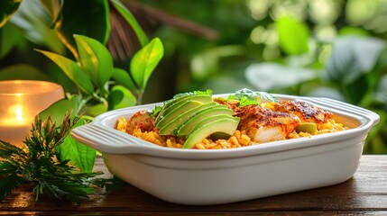 Wall Mural - Delicious Grilled Chicken Rice Bowl with Avocado Slices and Parsley Garnish A Warm and Inviting Meal