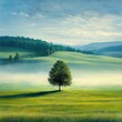 © zong - Green Spring Tree in Serene Landscape with Morning Light Fog and Calm Atmosphere