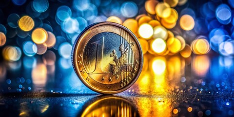 Wall Mural - Euro Coin Macro Shot: Shiny Metal on Dark Glass with Bokeh Lights